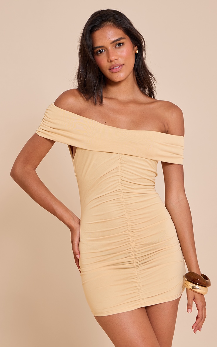 Mini robe modal crème au beurre froncée à col bardot drapé image 1