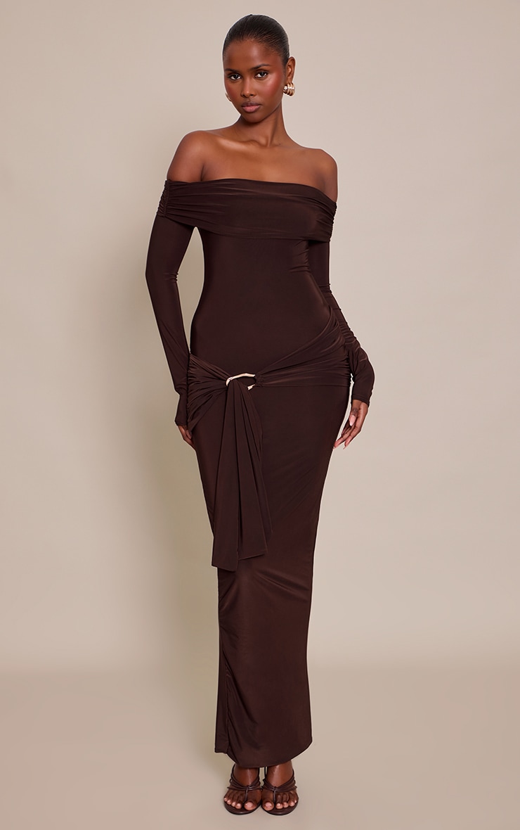 Chocolate Slinky Off The Shoulder Wrap Maxi Dress image 1