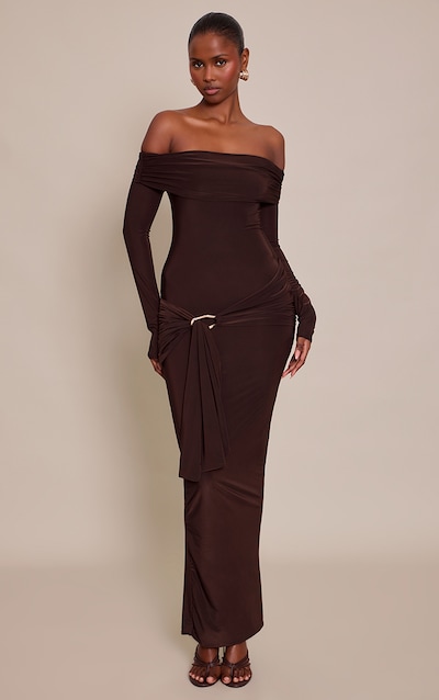 Chocolate Slinky Off The Shoulder Wrap Maxi Dress