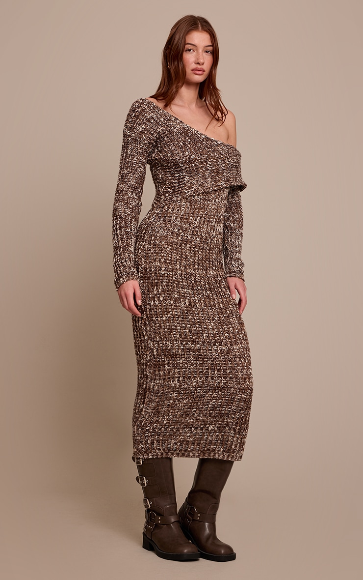 Brown Chunky Knit Asymmetric Midi Dress  image 3