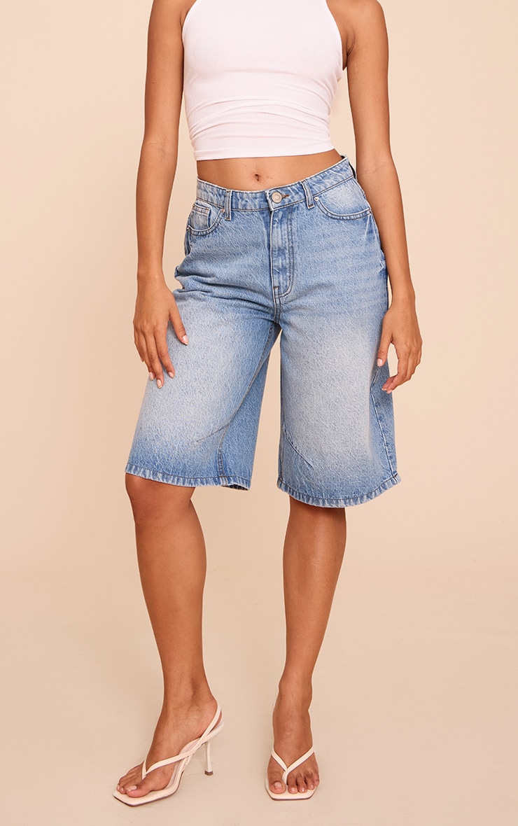Mid Blue Wash Seam Detail Denim Jorts image 2