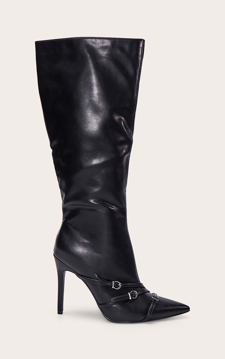 Black Soft PU Buckle Strap Stiletto Knee High Boots image 2