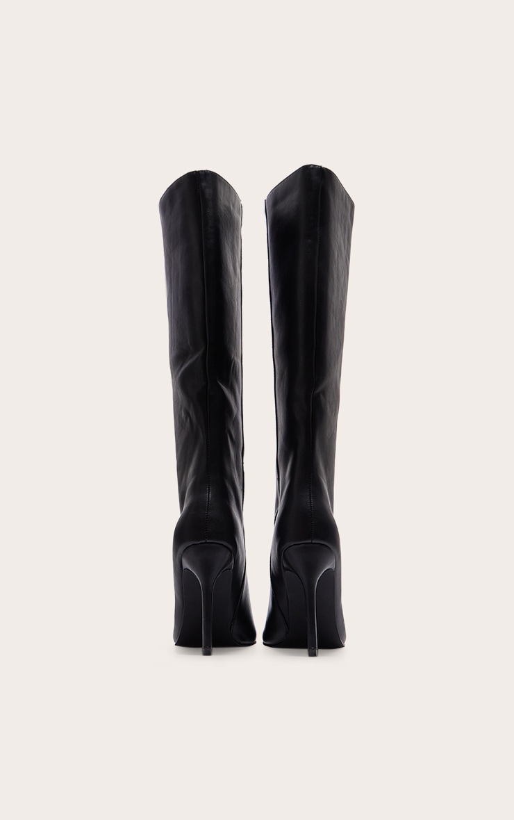 Black PU Point Toe Stiletto Knee High Heeled Boots image 4