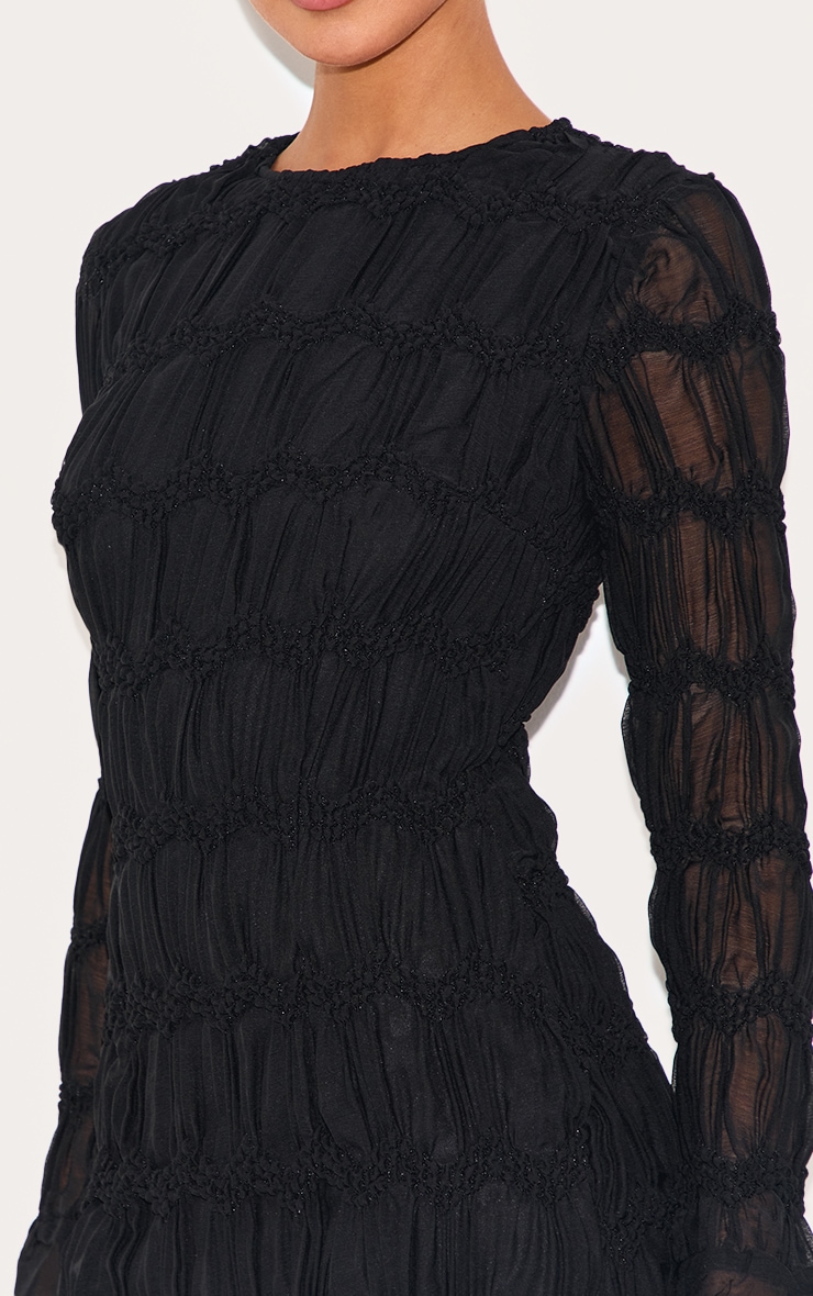 Black Textured Long Sleeve Crew Neck Mini Dress image 4