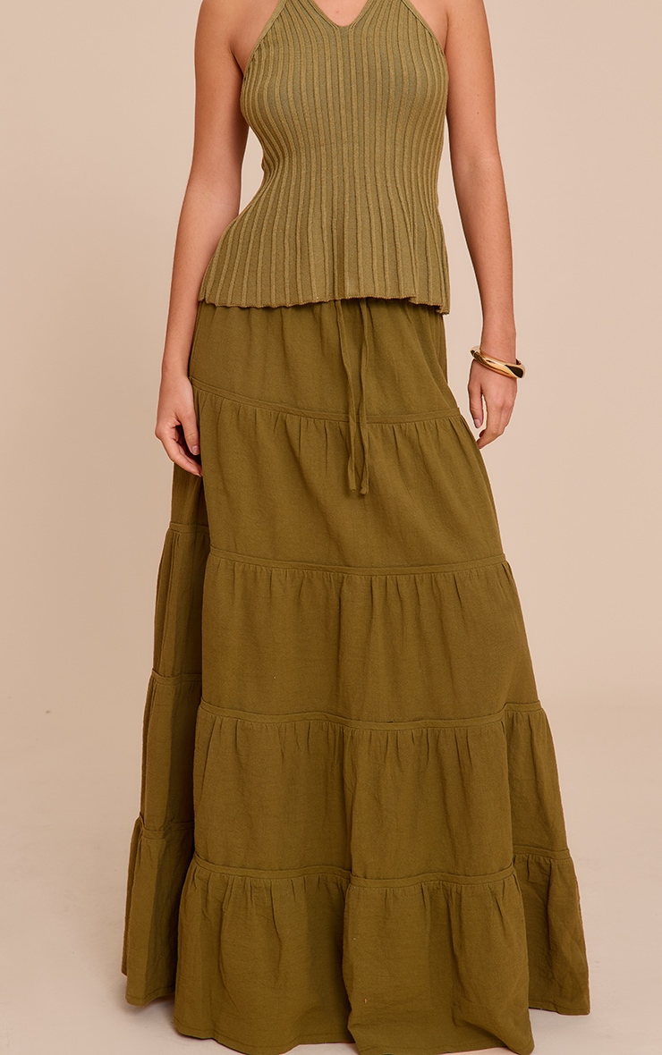 Olive Cotton Tiered Drawstring Waist Maxi Skirt image 2