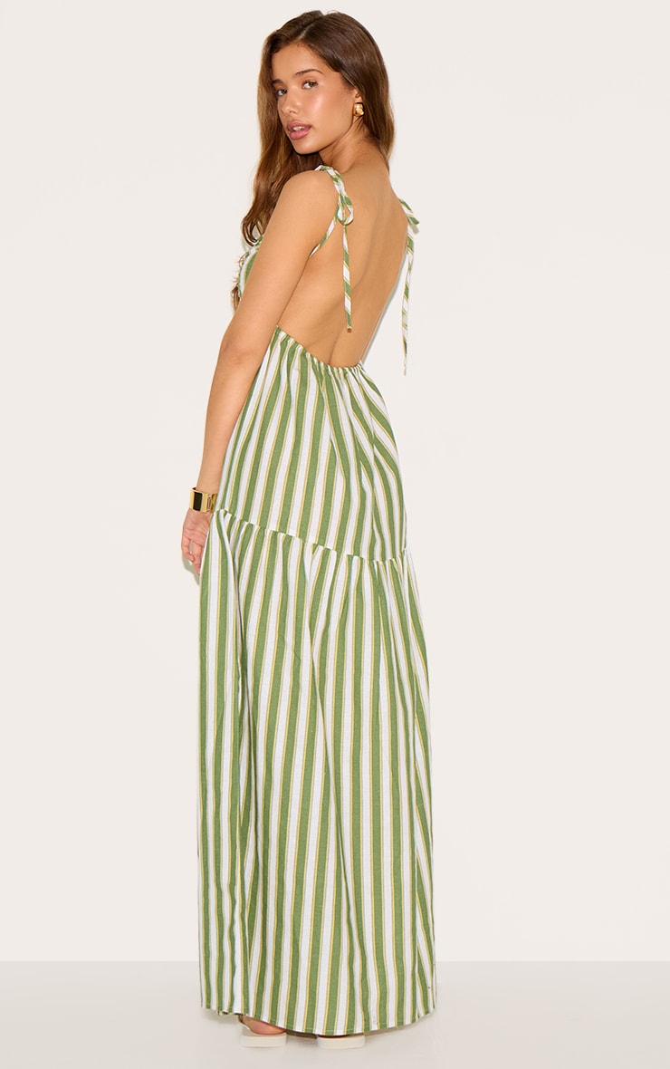 Green Striped Strappy Low Back Maxi Dress image 2