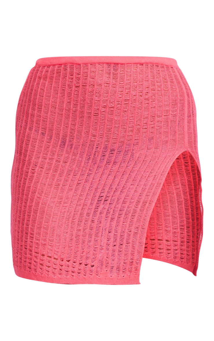 Hot Pink Laddering Knit Split Mini Skirt image 6