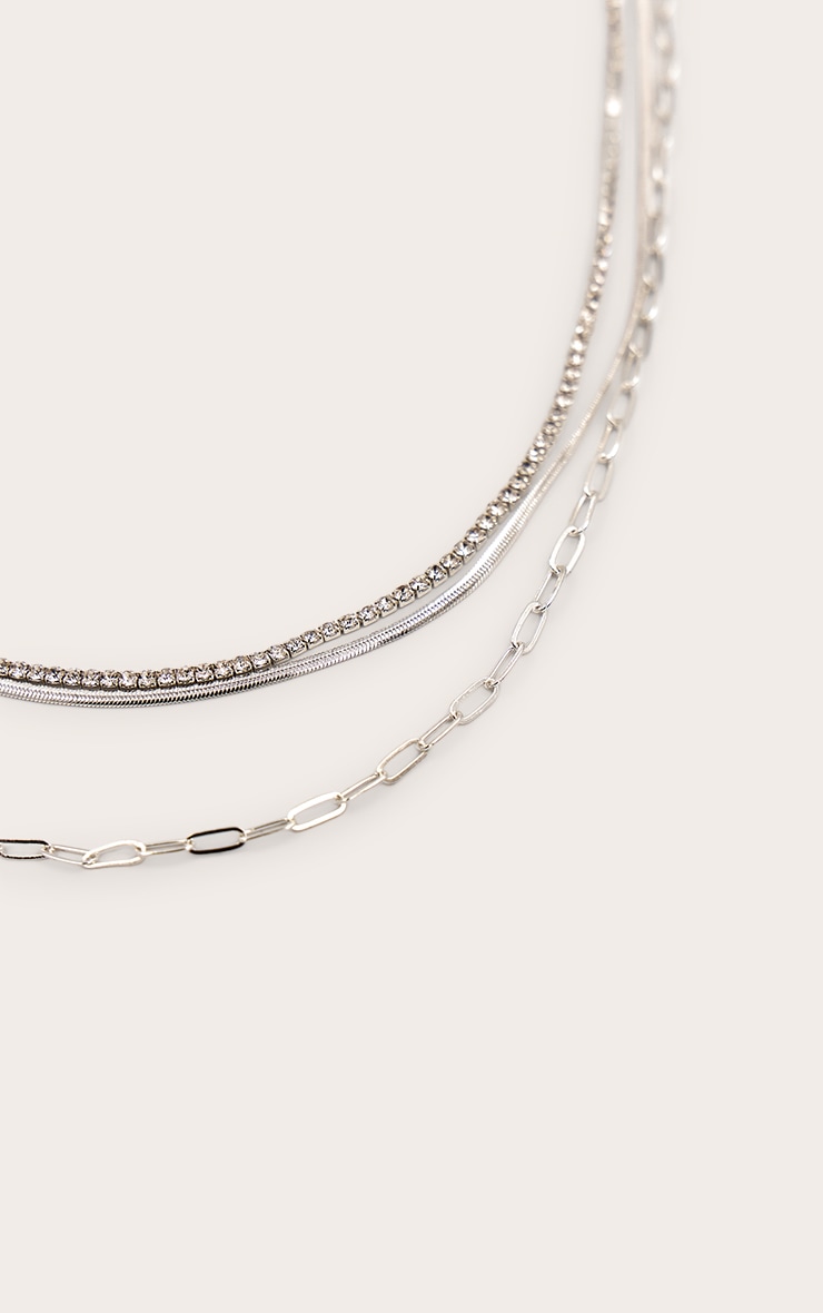 Silver Layered Diamante Fine Chain Necklace image 3