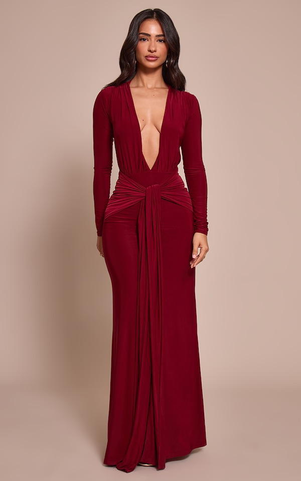 Petite Burgundy Double Layer Slinky Long Sleeve Ruched Tie Front Maxi Dress