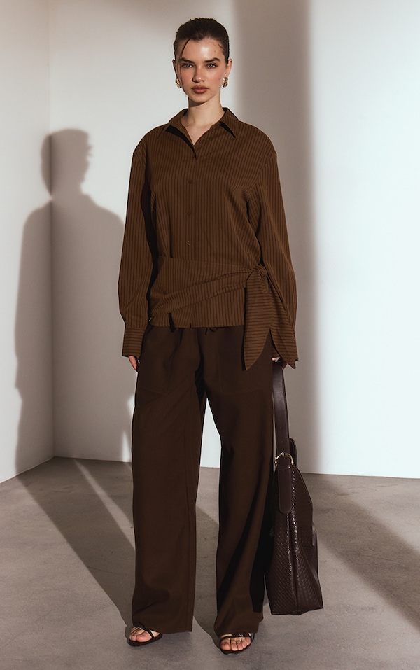 Chocolate Brushed Tailored Drawstring Low Rise Pants