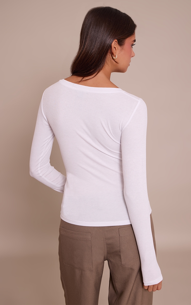 White Soft Rib Button Up Fitted Long Sleeve Top image 2