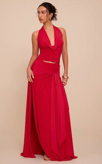 Tomato Red Double Layer Slinky Knot Drape Maxi Skirt