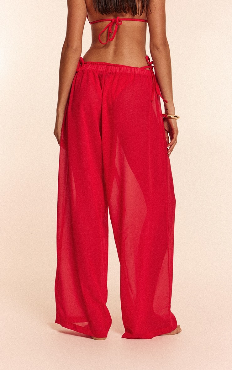 Pantalon de plage large en mousseline de soie rouge image 3