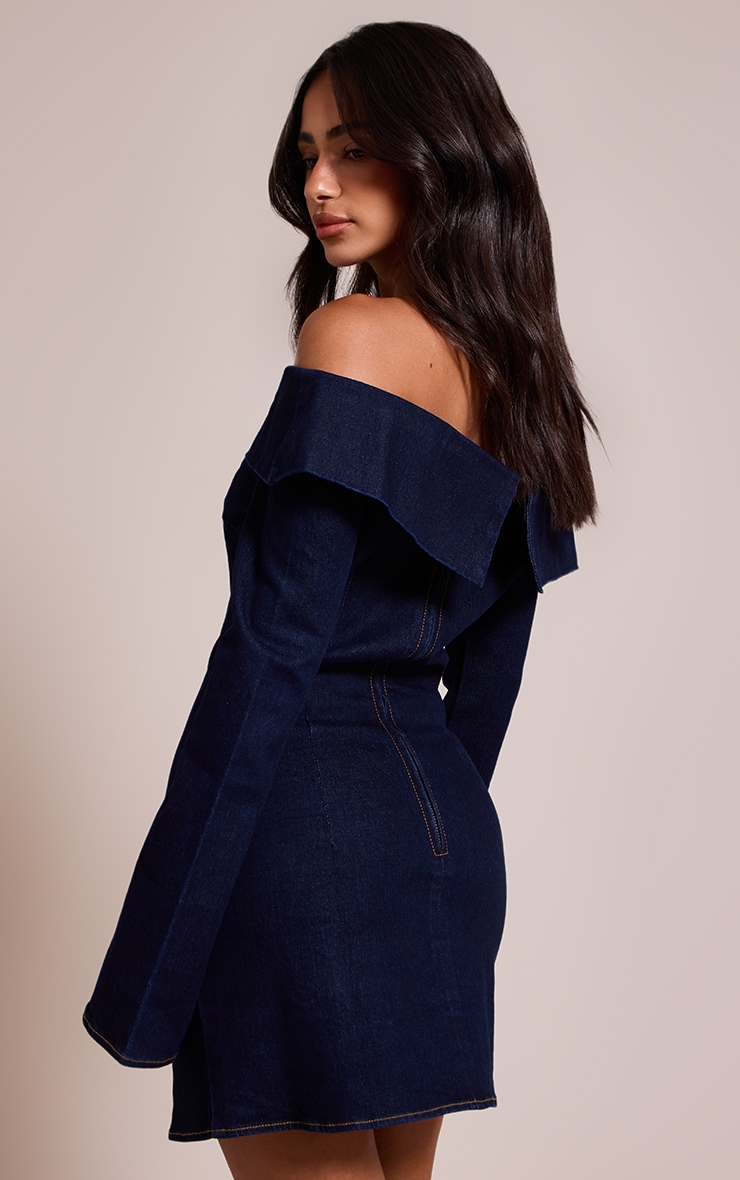 Petite Mid Blue Wash Long Sleeve Asymmetric Tie Mini Dress image 2