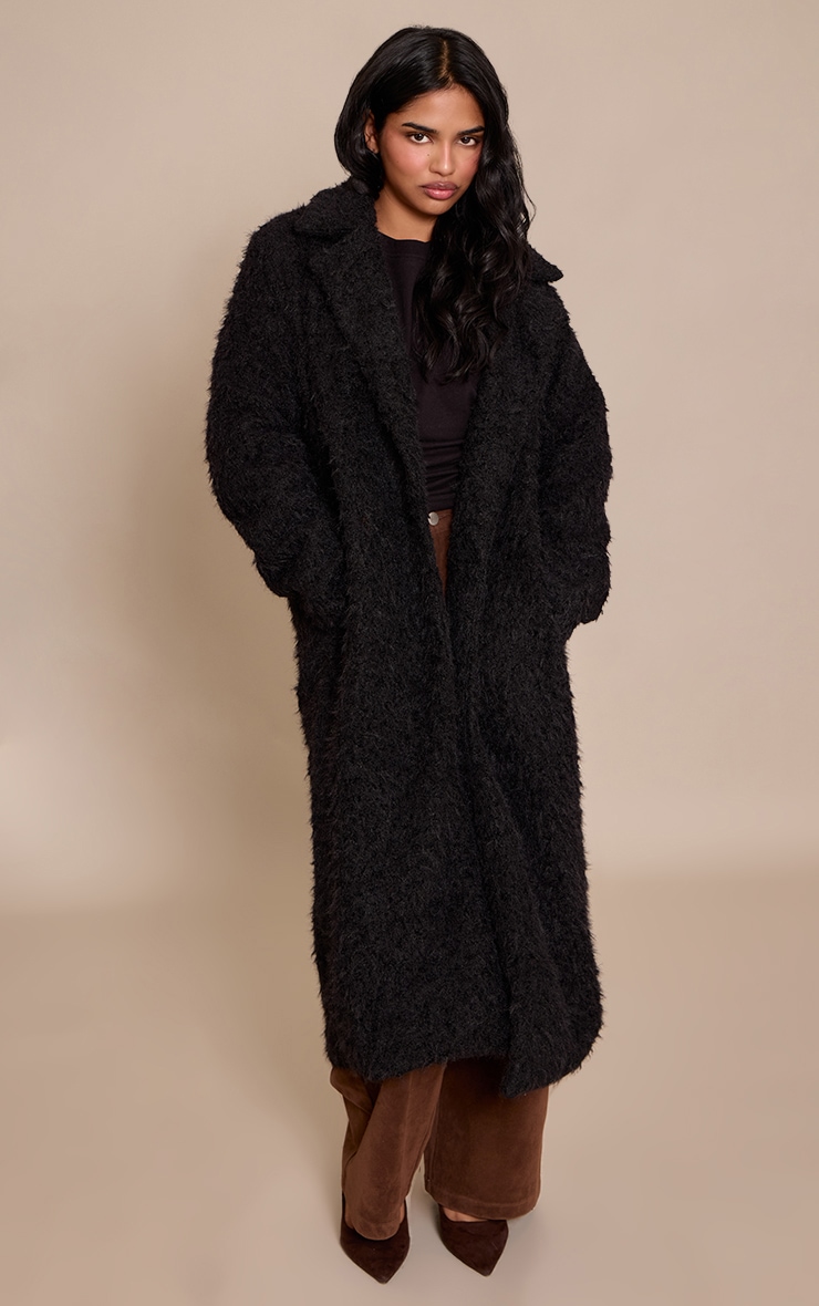 Petite Black Borg Button Up Maxi Coat image 3