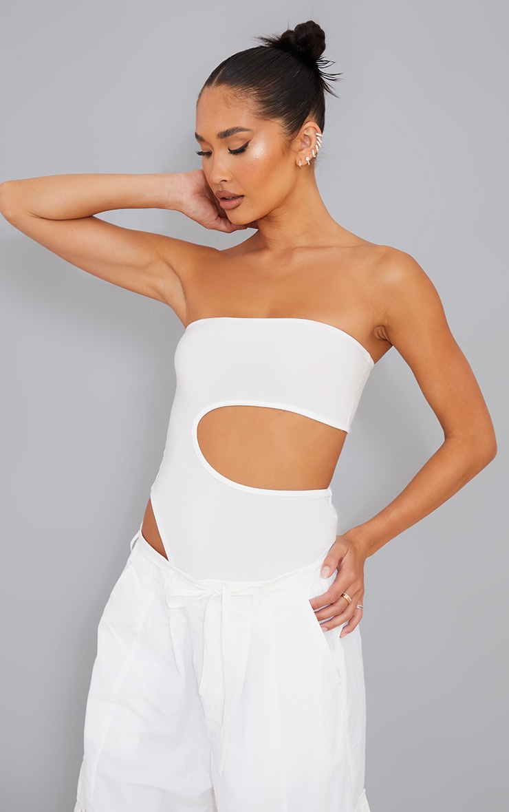 Cream Slinky Cut Out Bandeau Bodysuit image 3