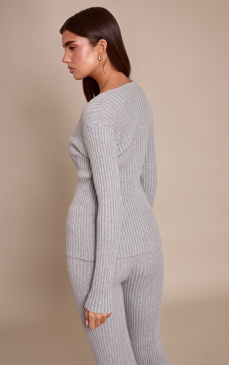 Grey Ribbed Knitted Long Sleeve Button Down Cardigan image 2