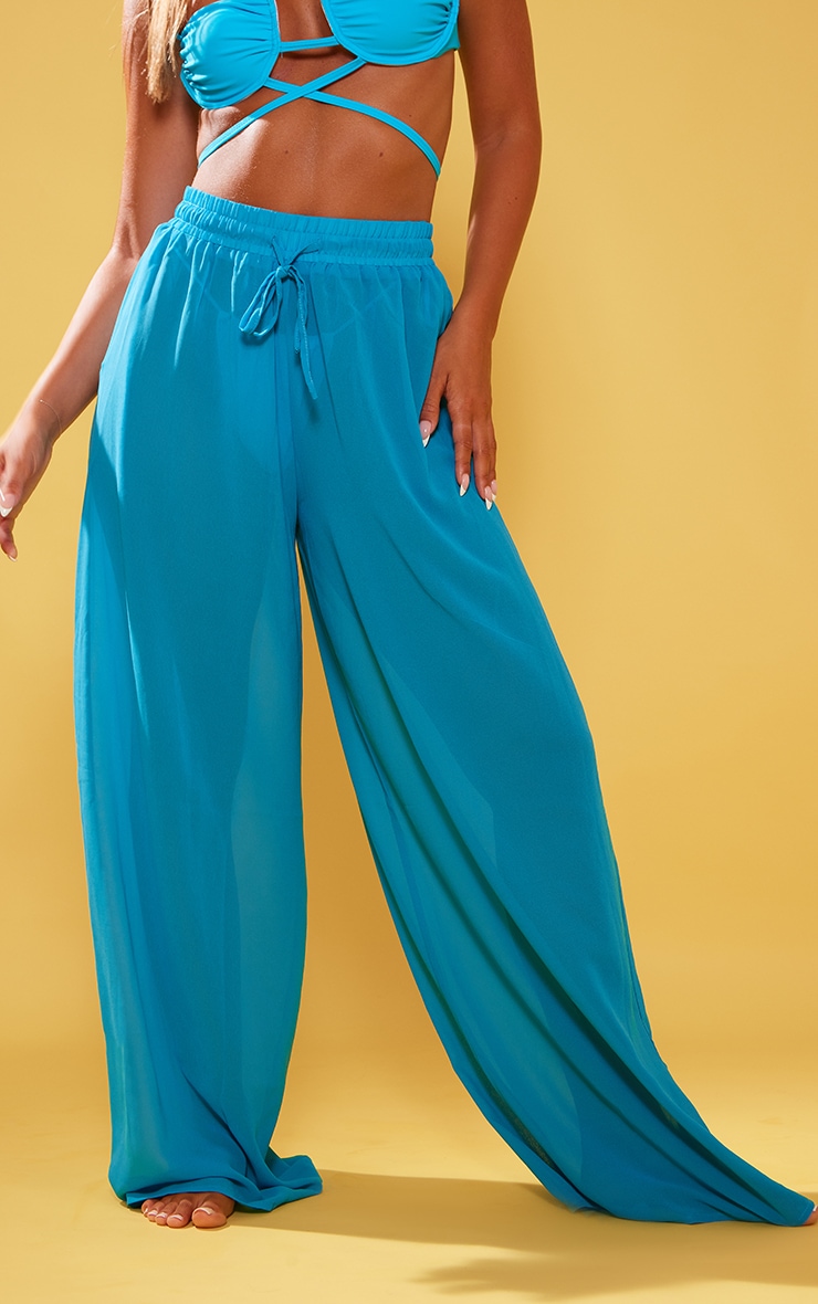 Bright Blue Chiffon Wide Leg Drawstring Beach Pants image 2