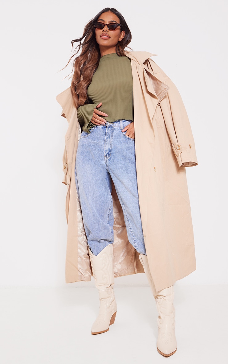 Khaki Sheer Plisse Long Sleeve Fluted Top image 3