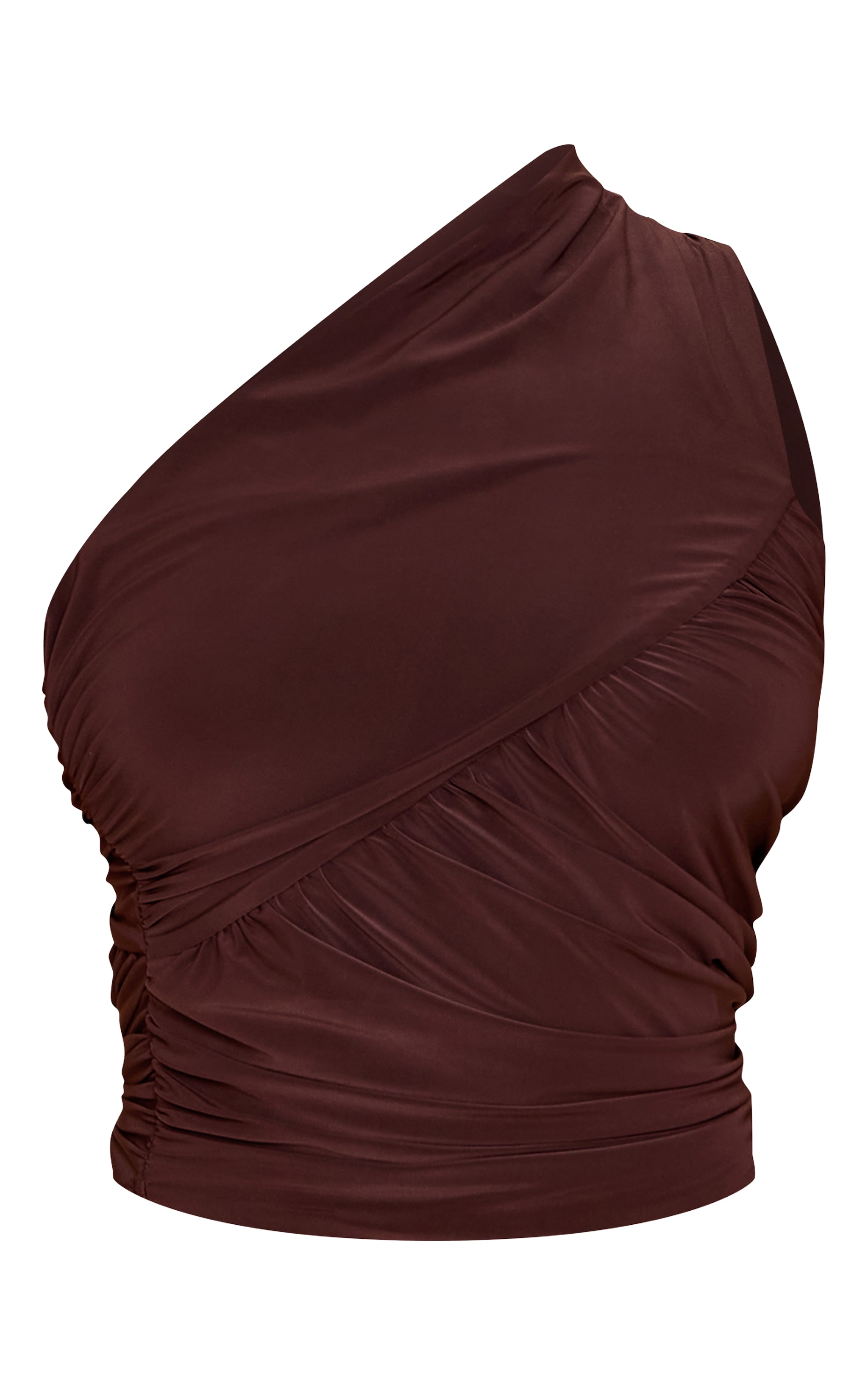 Chocolate Double Layer Slinky Ruched One Shoulder Long Top image 5