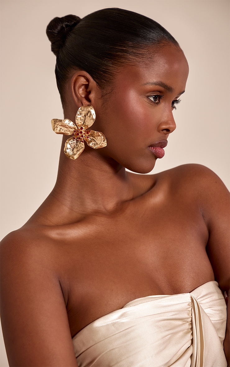 Gold Hammered Large Flower Statement Earrings