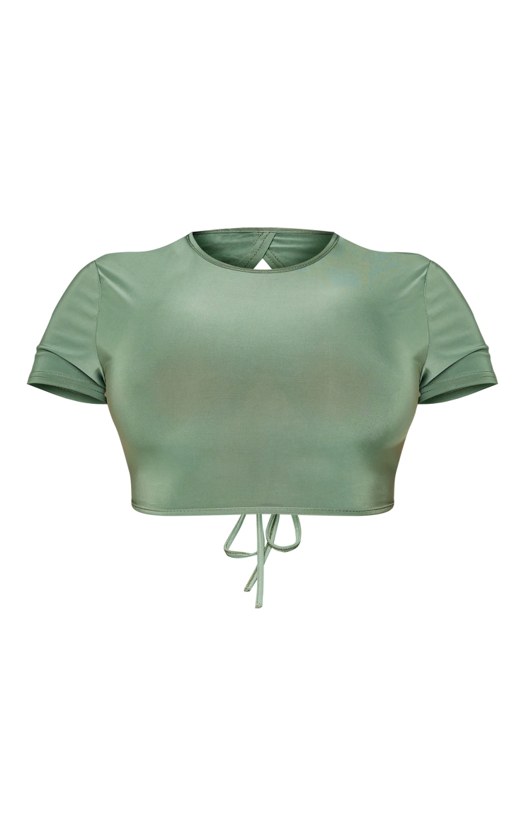 Shape Khaki Slinky Tie Back Short Sleeve Crop Top image 5