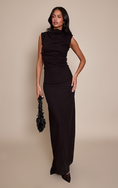 Tall Black Soft Brushed Boat Neck Maxi Dress