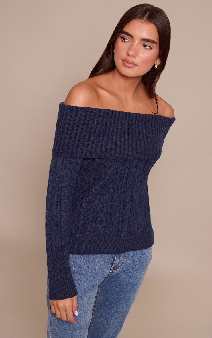 Navy Cable Knit Bardot Sweater image 1