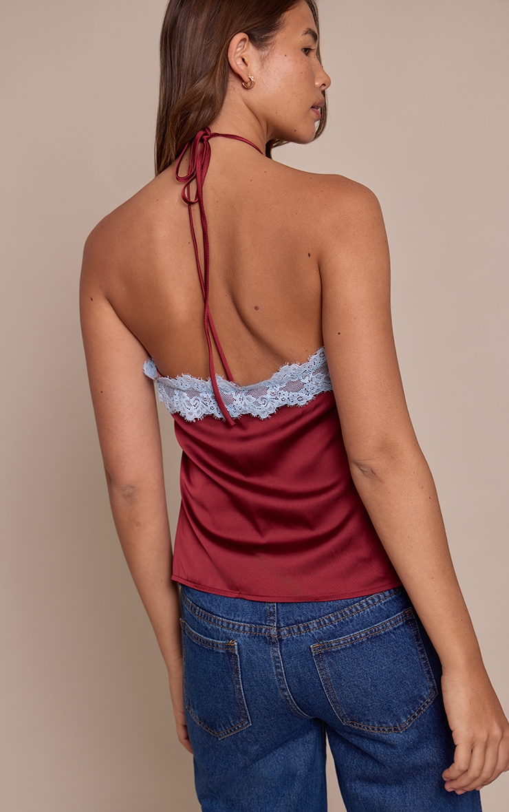 Burgundy Satin Contrast  Lace Trim Halterneck Cami Top image 2