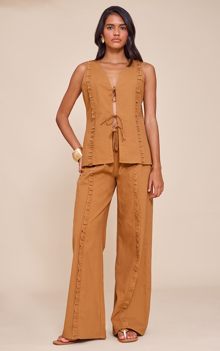 Pantalon large en effet lin marron clair à cordons ajustables image 1