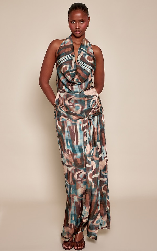 Blue Multi Abstract Cowl Neck Tie Front Maxi Dress