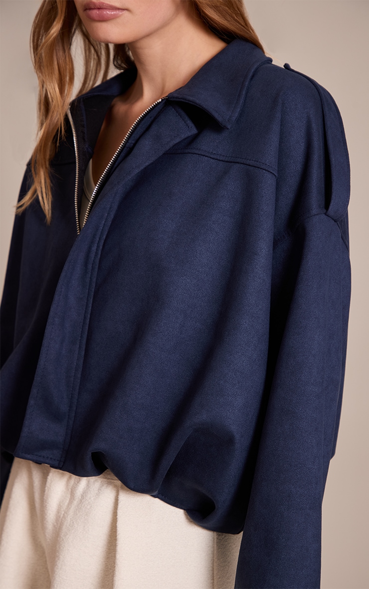 Navy Zip Through Faux Suede Bomber Jacket image 4