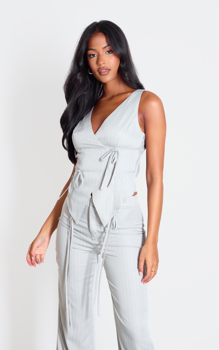 Tall Grey Pinstripe Tie Front Detail Crop Top image 1