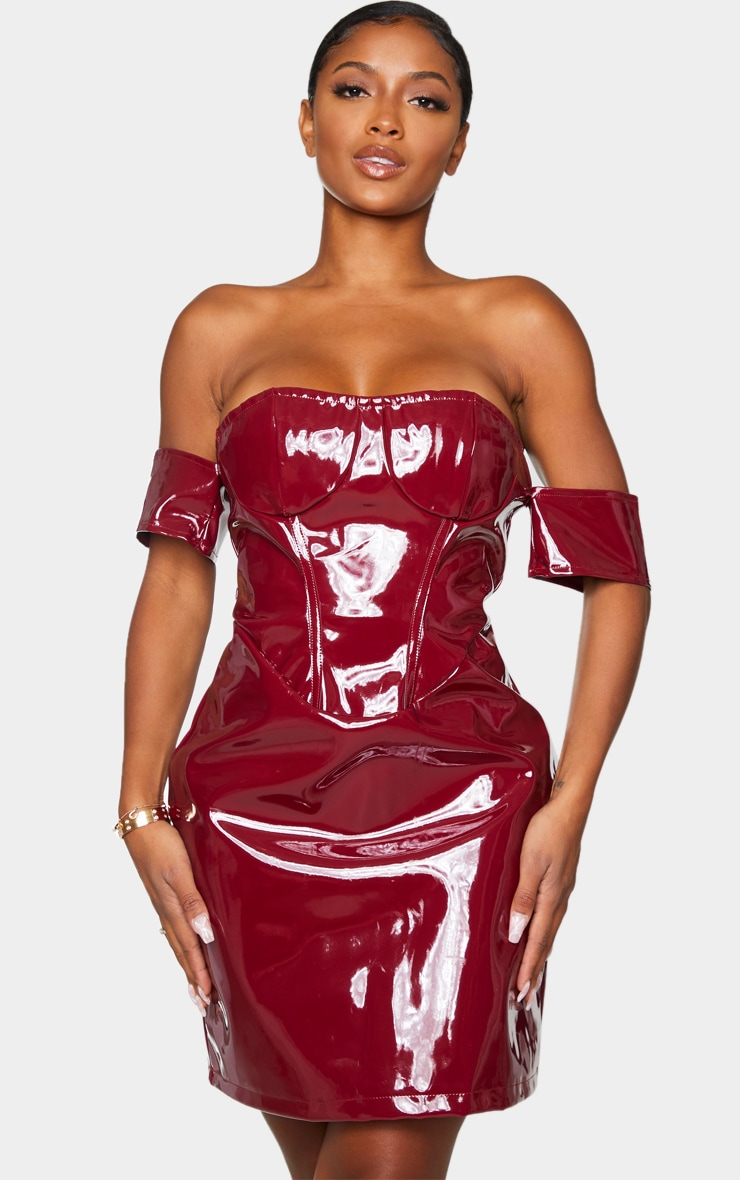 Shape Burgundy Vinyl Off The Shoulder Corset Detail Bodycon Dress