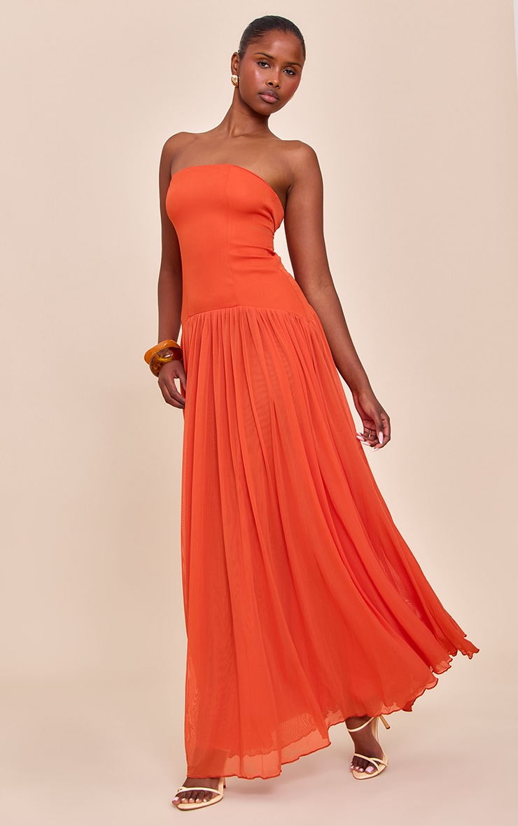 Orange Bandeau Chiffon Pleated Maxi Dress image 3