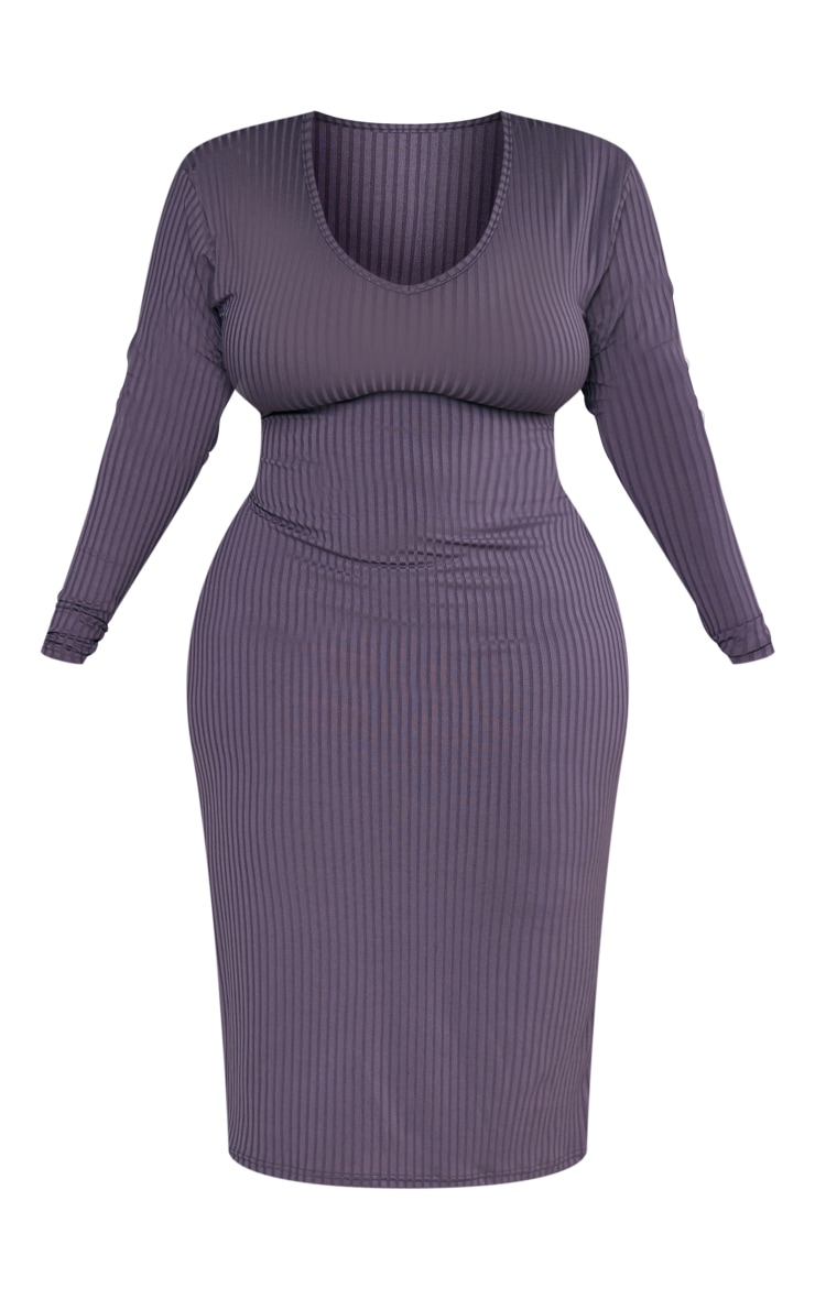  Plus Charcoal Rib Scoop Neck Long Sleeve Midi Dress image 5