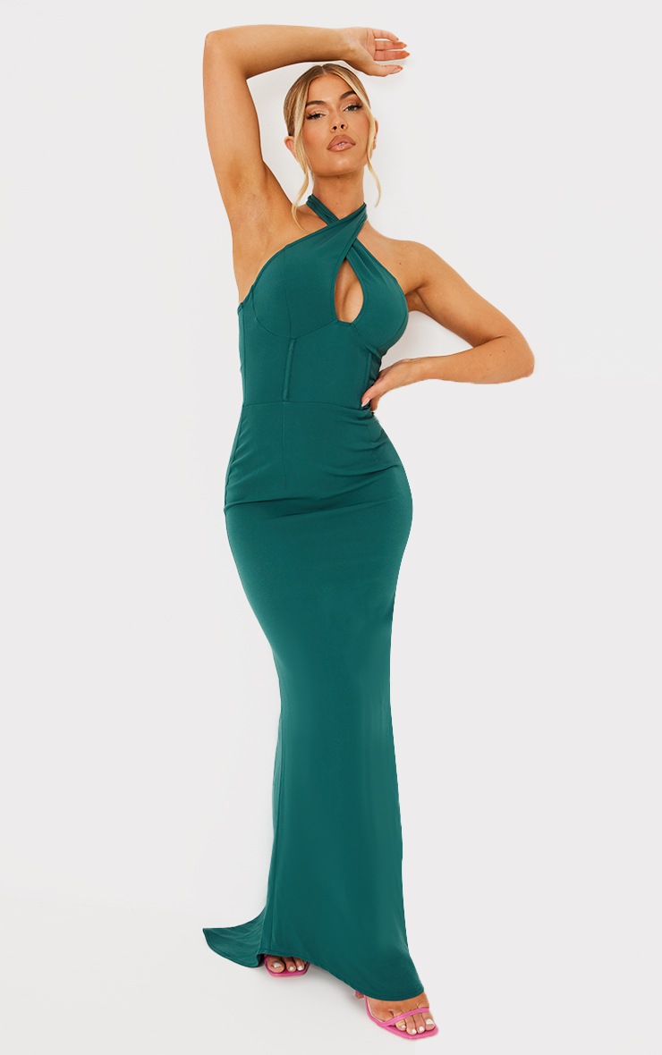 Emerald Green Bridesmaid Corset Detail Cross Front Maxi Dress