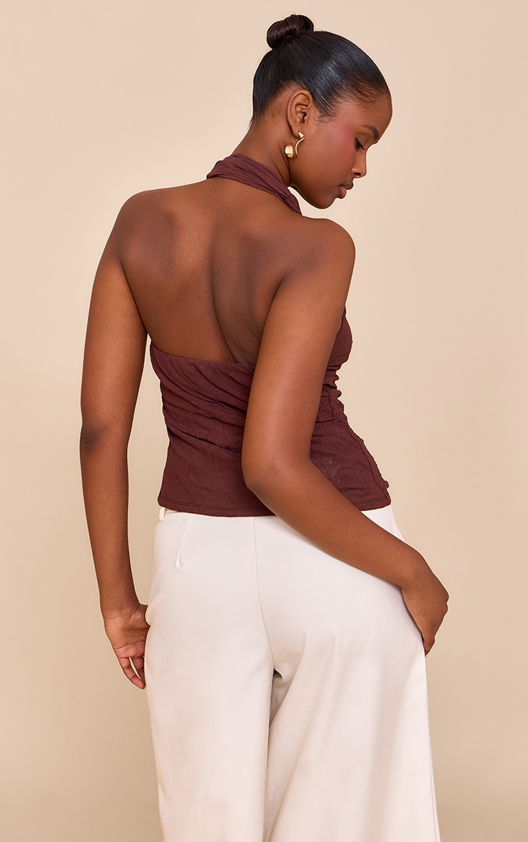 Chocolate Double Layer Crinkle Mesh Drape Detail Long Top image 2