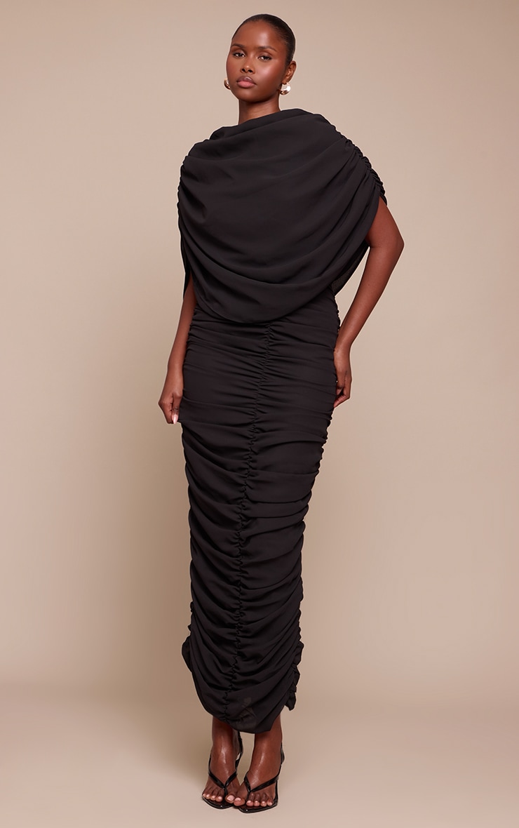 Robe longue en mousseline de soie noire froncée à partie superposée image 3