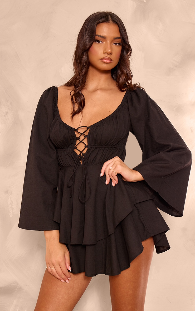 Black Lace Up Front Longsleeve Romper image 3