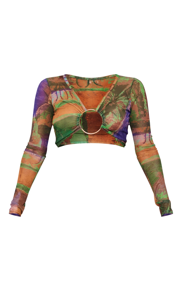 Multi Abstract Printed Mesh Ring Detail Crop Top image 5