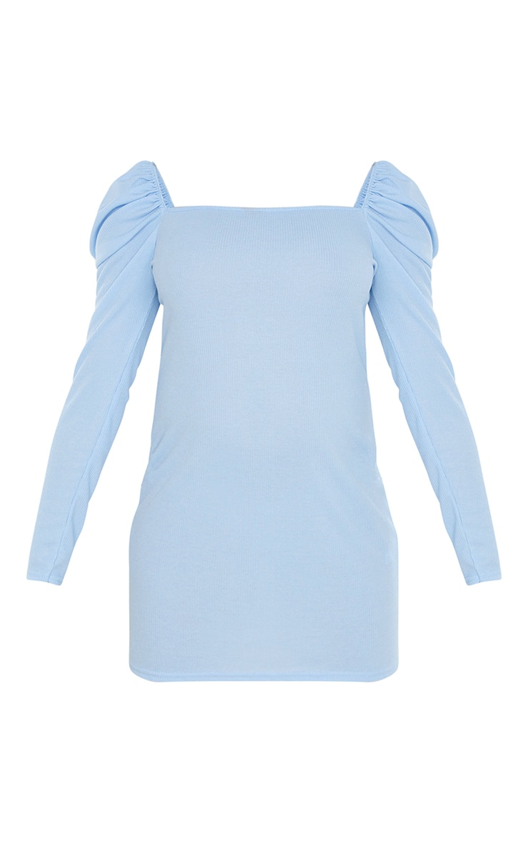 Maternity Baby Blue Puff Shoulder Long Sleeve Rib Mini Dress image 5