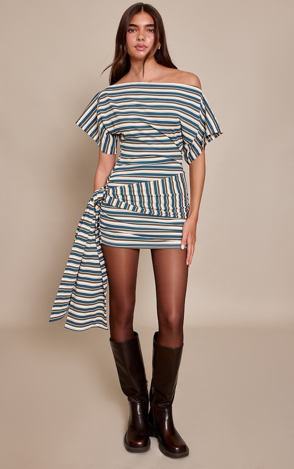 Khaki Contrast Striped Tie Waist Bodycon Dress
