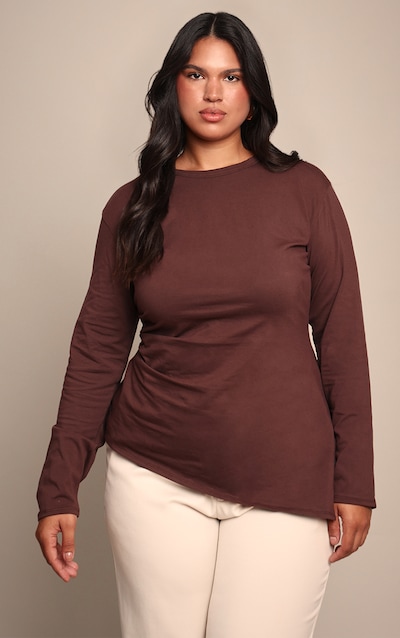 Plus Chocolate Cotton Ruched Side Long Sleeve T-shirt