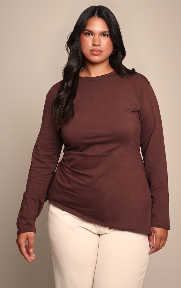Plus Chocolate Cotton Ruched Side Long Sleeve T-shirt