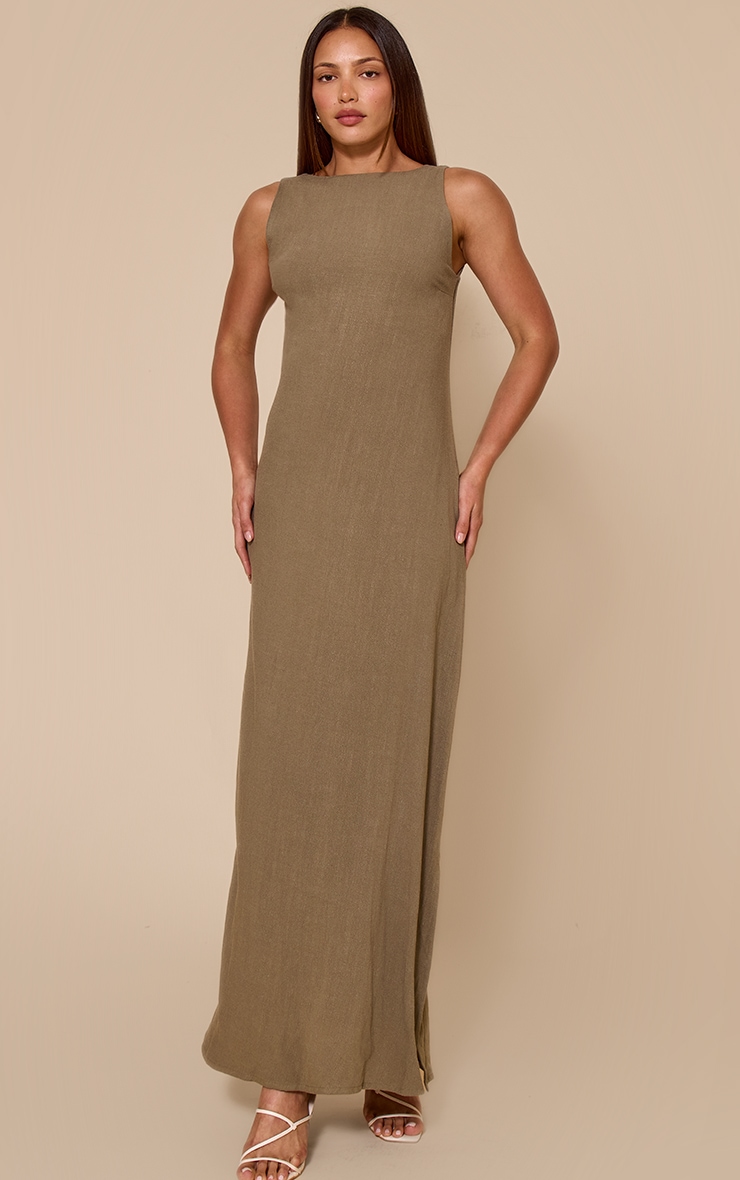 Tall Khaki Textured Boat Neck Low Back Maxi Dress image 1