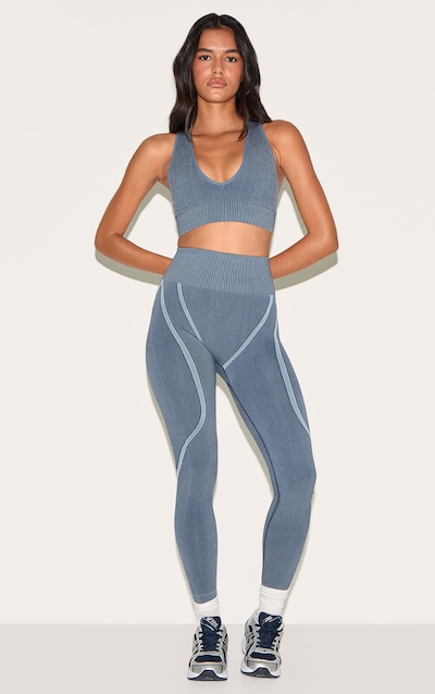 Legging côtelé bleu nuit sans coutures à taille haute