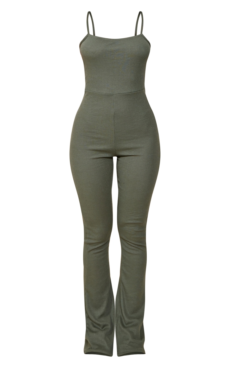 Petite Moss Khaki Ribbed Square Neck Flared Jumpsuit image 5
