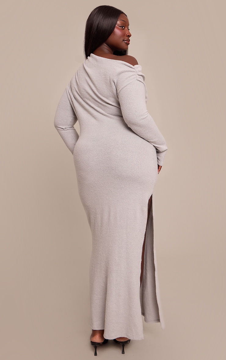 Plus Light Grey Brushed Rib Long Sleeve Ruched Maxi Dress image 2