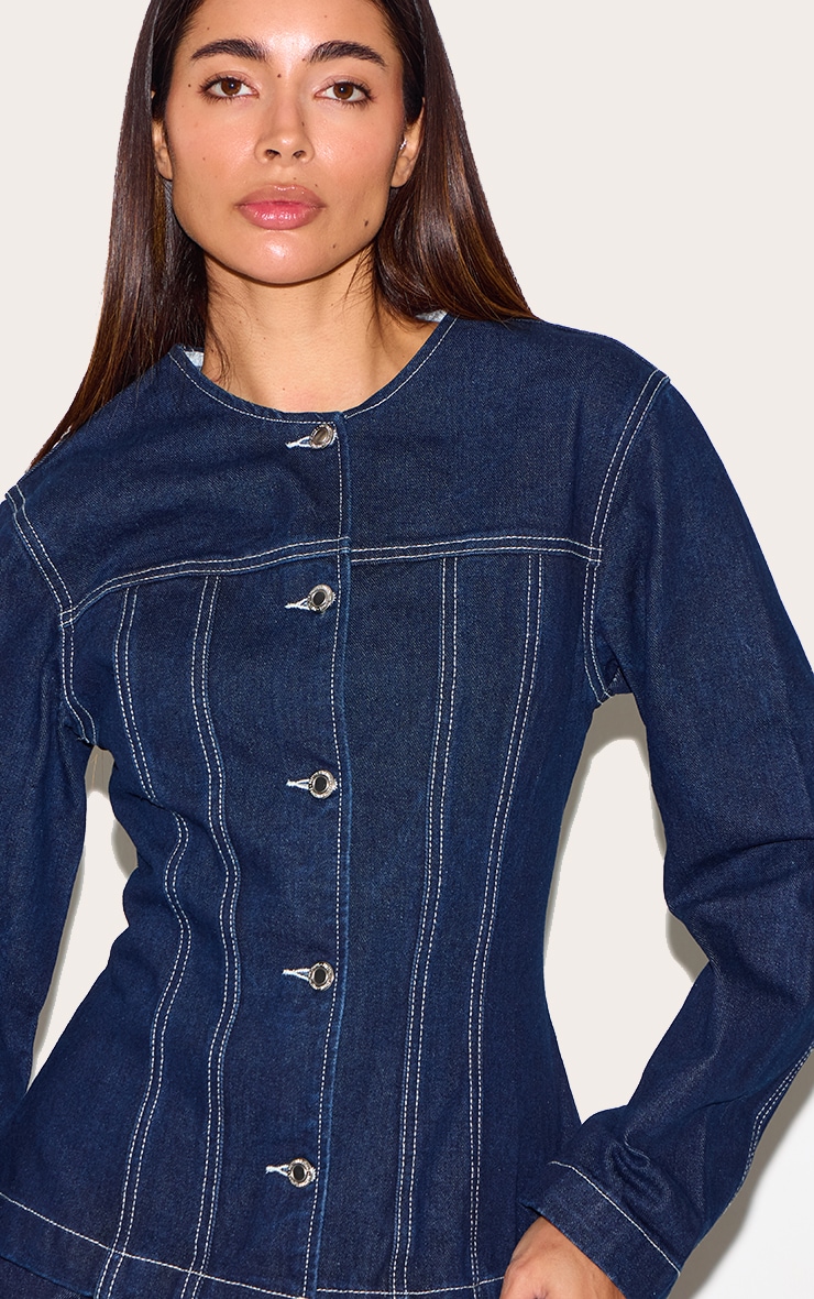 Indigo Round Neck Cinched Long Sleeve Denim Jacket image 4
